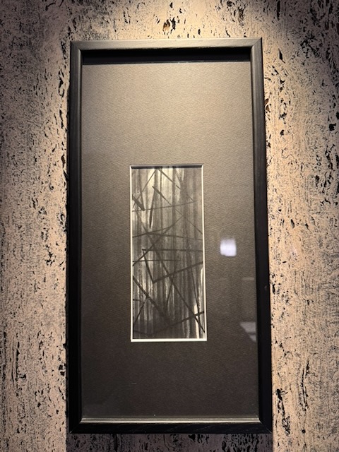 Framed abstract line art with layered crossing marks, like a mind map or weather map.